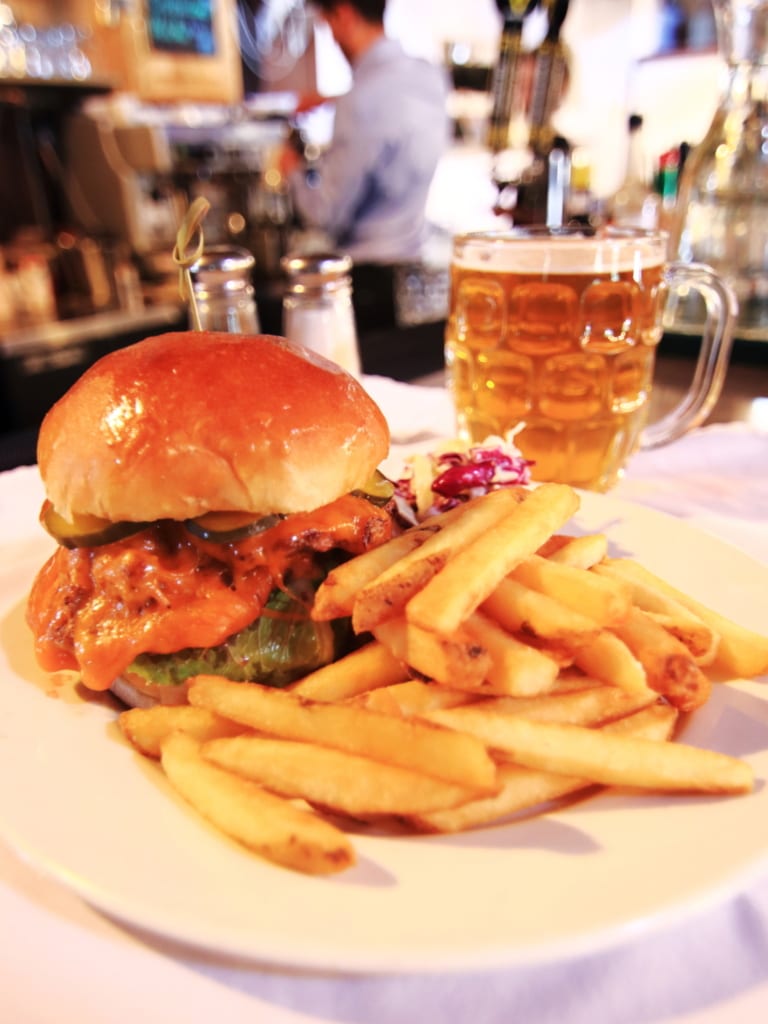 Cheese Burger Fries and beer at Sunwapta in Jasper